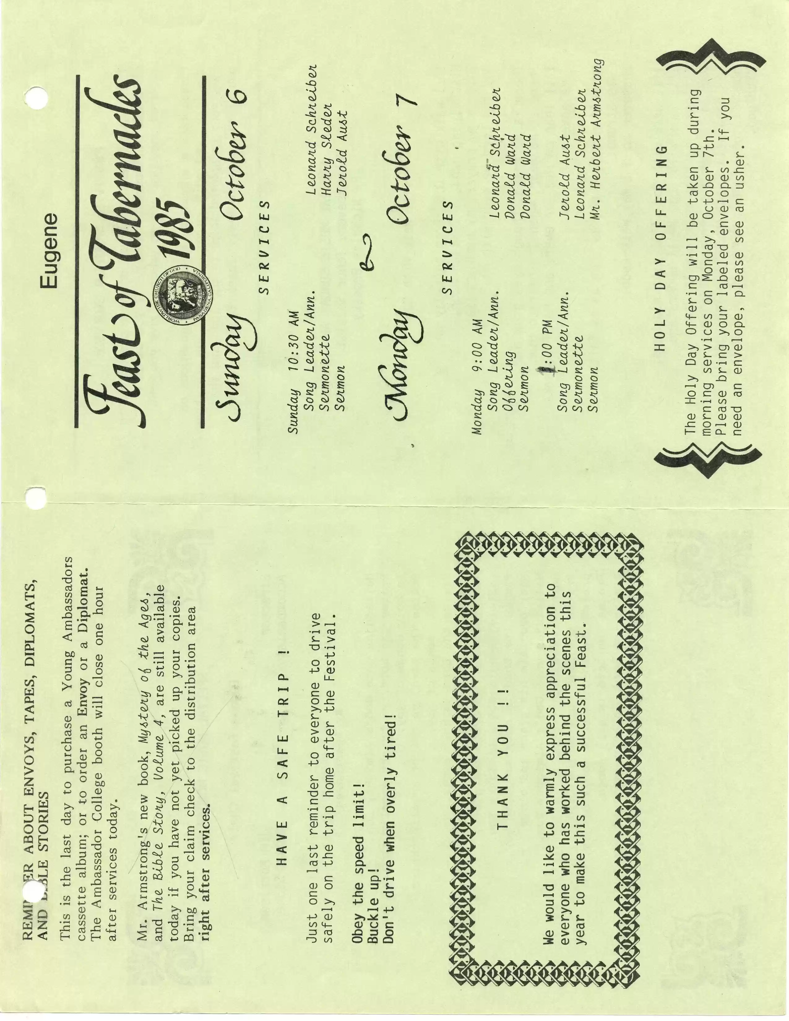 Eugene FT bulletin 10-6-85, pg1